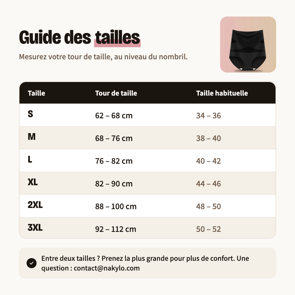 Guide des tailles : tour de taille du S au 3XL