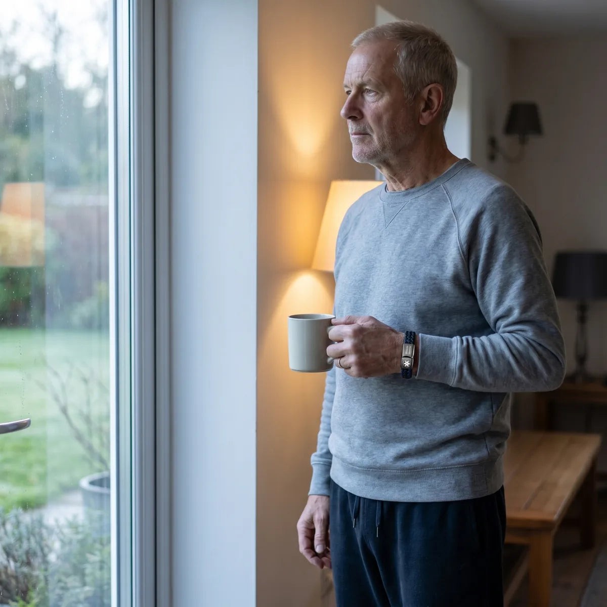 Homme à la fenêtre, une tasse à la main, bracelet au poignet