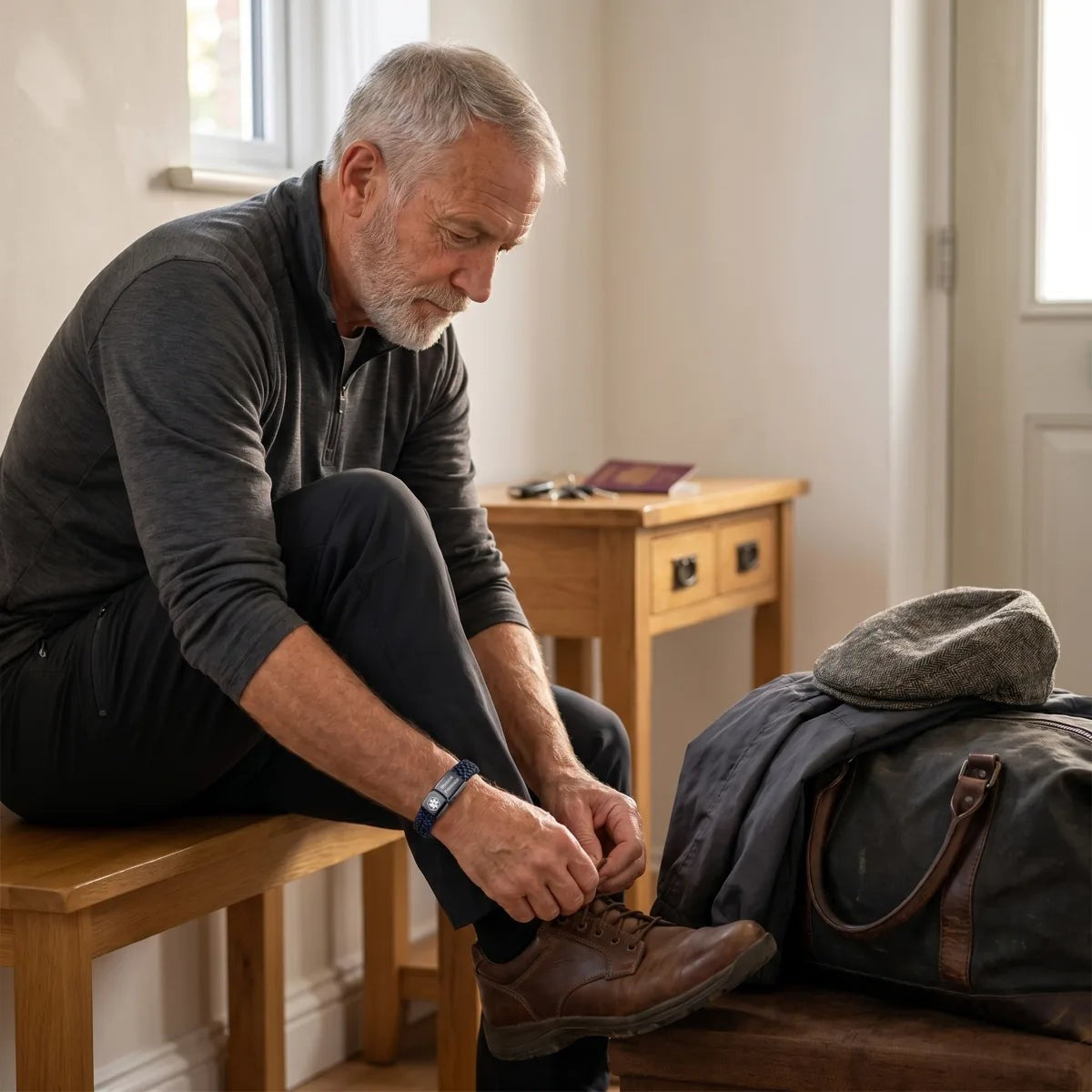 Homme qui lace ses chaussures avant un voyage, bracelet au poignet
