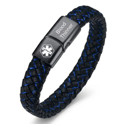 Bracelet tressé noir et bleu, gravure en anglais « Blood Thinner »