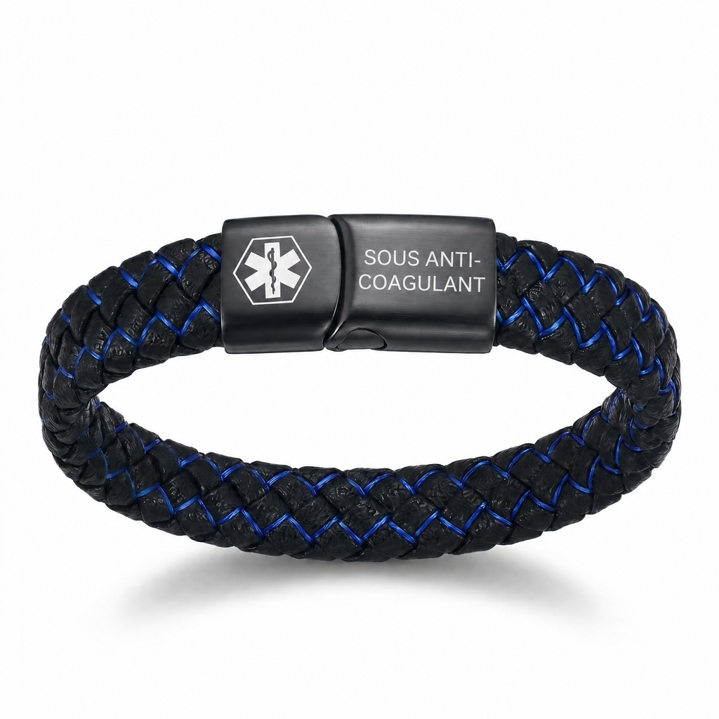Bracelet d'alerte médicale tressé noir et bleu, plaque gravée « sous anticoagulant »