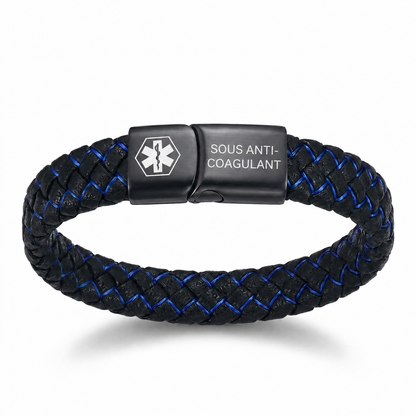 Bracelet d'alerte médicale tressé noir et bleu, plaque gravée « sous anticoagulant »