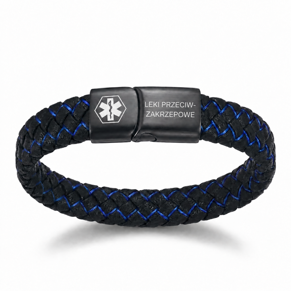 Bracelet d'alerte médicale tressé noir et bleu, gravure polonaise « leki przeciwzakrzepowe »