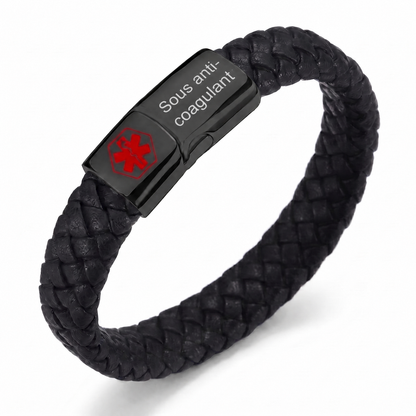 Bracelet d'alerte médicale tressé noir, gravure « sous anticoagulant »