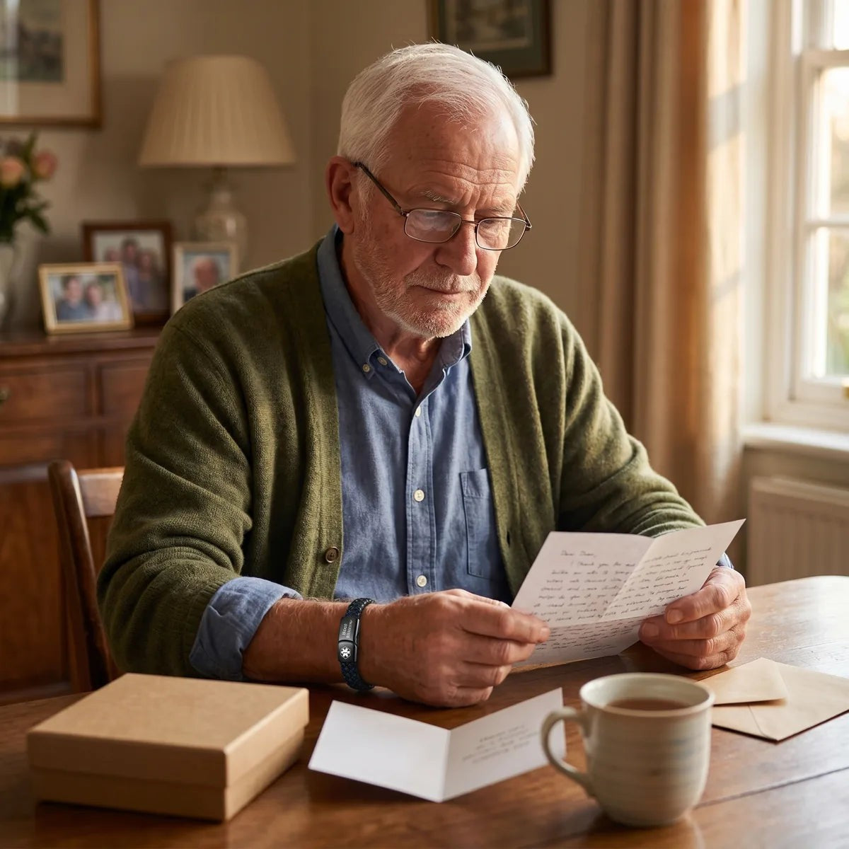 Père qui lit une carte, le bracelet reçu en cadeau au poignet