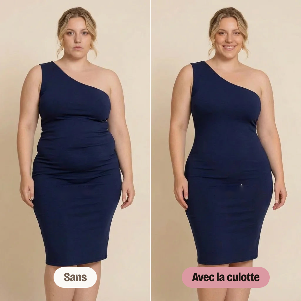 Sous une robe ajustée : sans, puis avec la culotte gainante