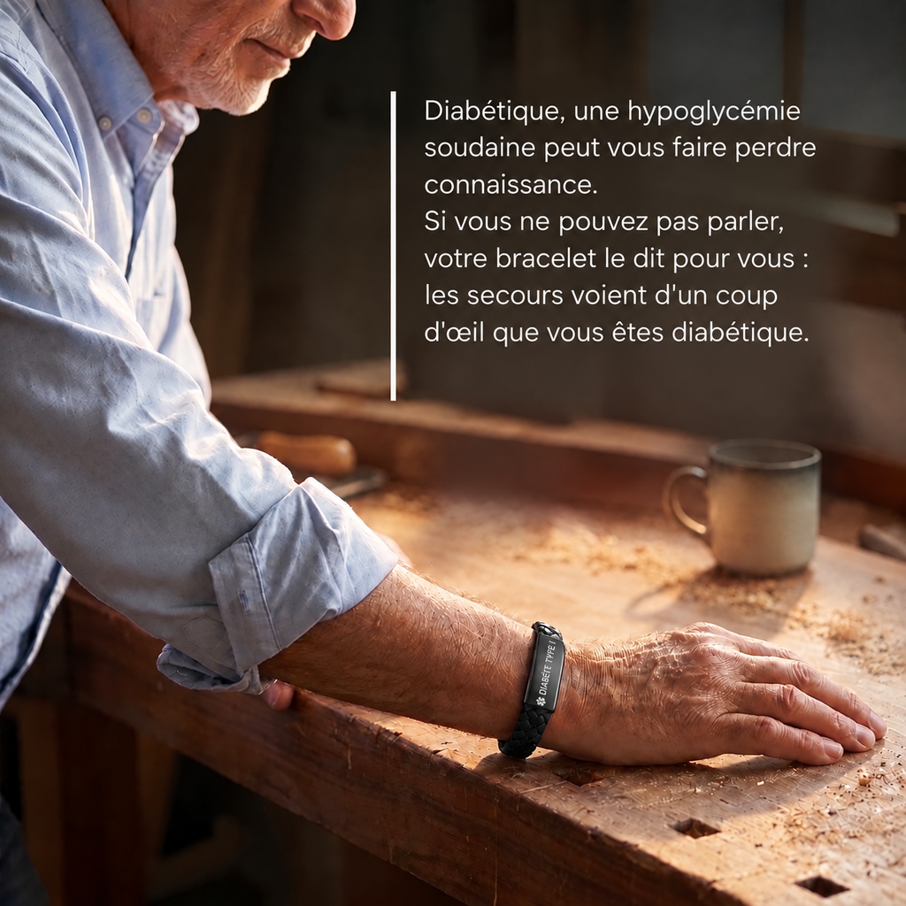 Bracelet médical diabète porté en atelier