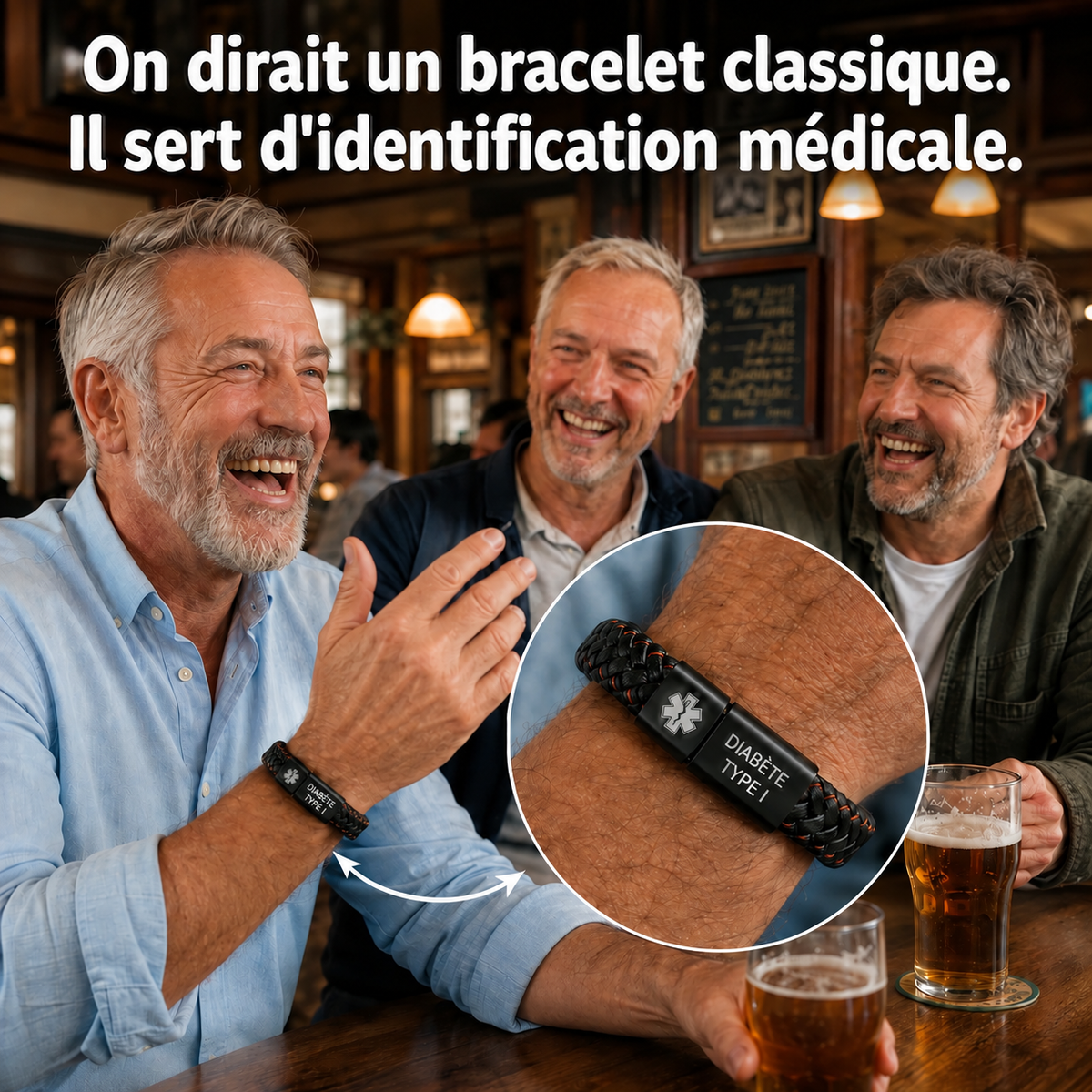 Bracelet médical diabète porté au quotidien style classique