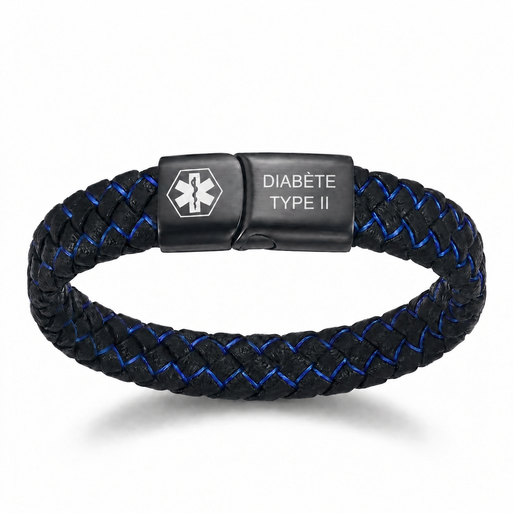 Bracelet médical diabète noir et bleu gravé DIABÈTE TYPE II