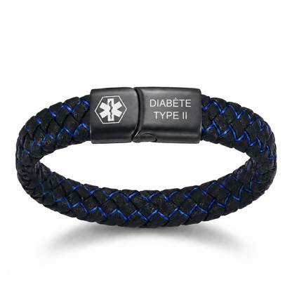 Bracelet médical diabète noir et bleu gravé DIABÈTE TYPE II