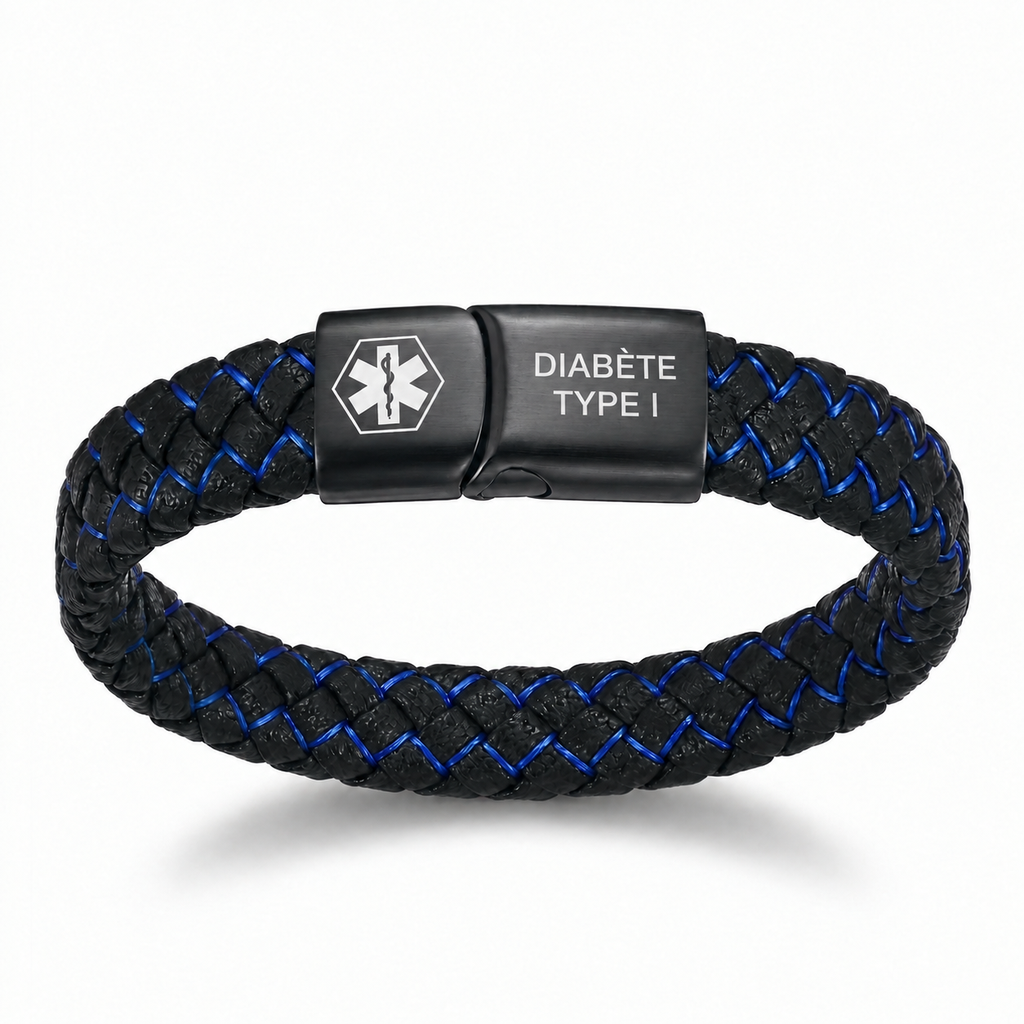 Bracelet médical diabète noir et bleu gravé DIABÈTE TYPE I