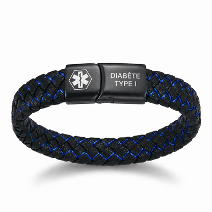 Bracelet médical diabète noir et bleu gravé DIABÈTE TYPE I