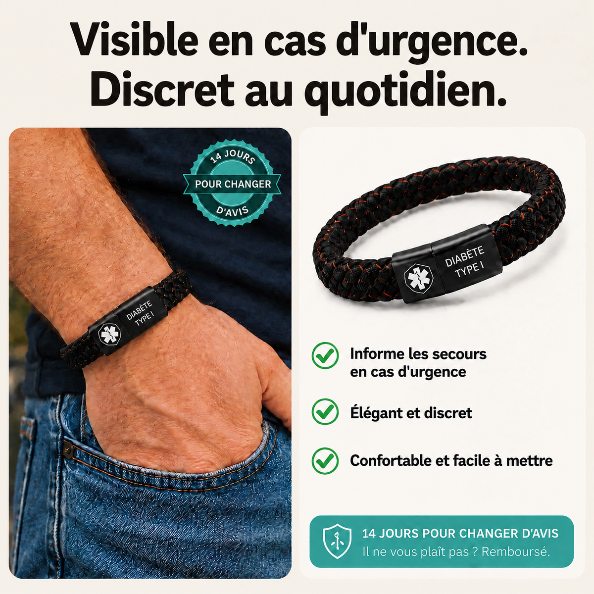 Bracelet médical diabète visible vs caché comparaison