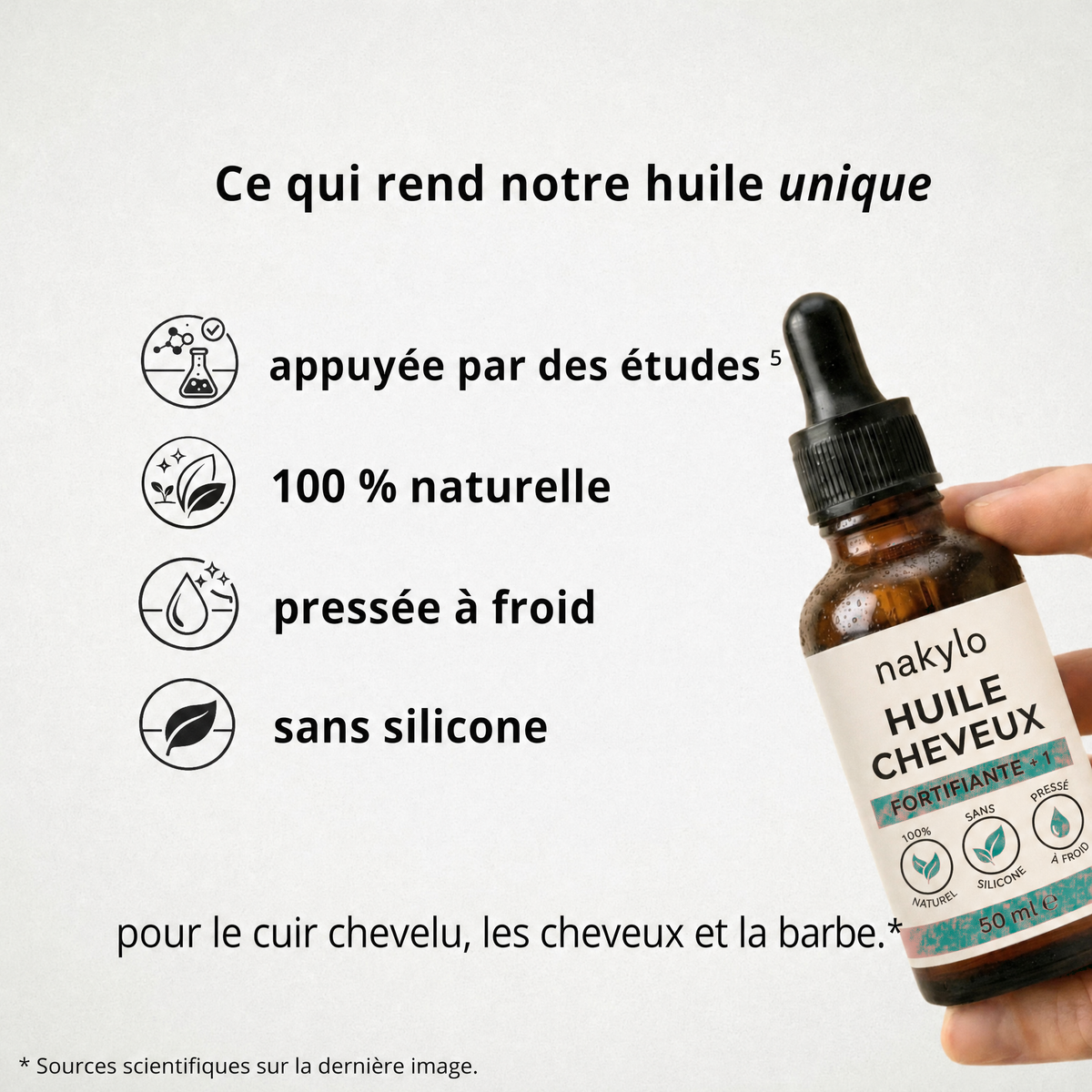 Ce qui rend notre huile unique : appuyée par des études, 100 % naturelle, pressée à froid, sans silicone