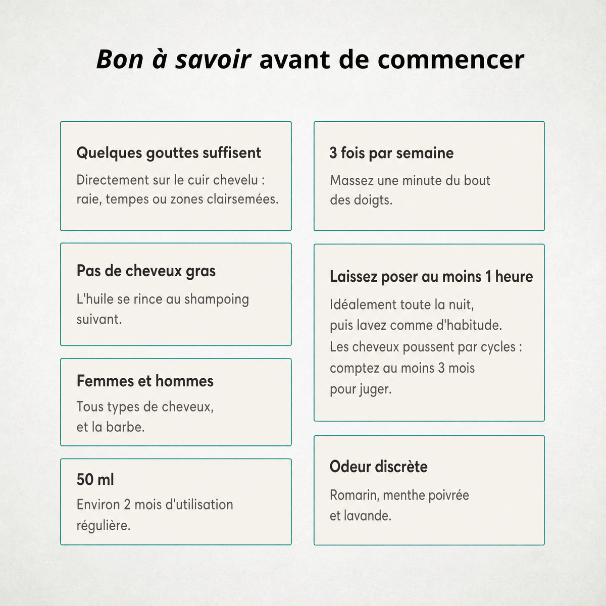 Bon à savoir avant de commencer : quelques gouttes, 3 fois par semaine, au moins 1 heure de pose