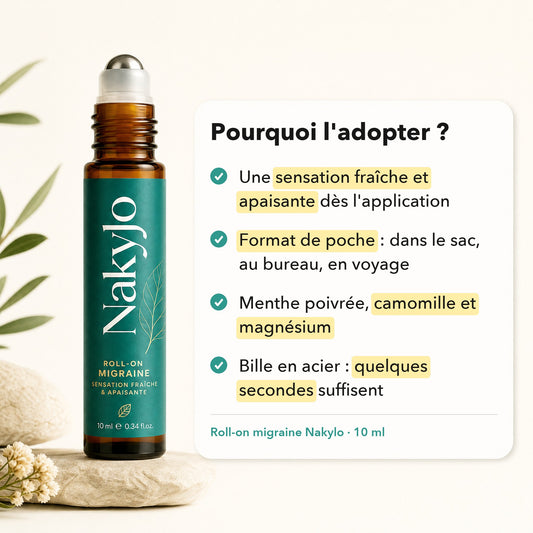 Roll-on migraine Nakylo - sensation fraîche, format de poche, menthe poivrée, camomille et magnésium