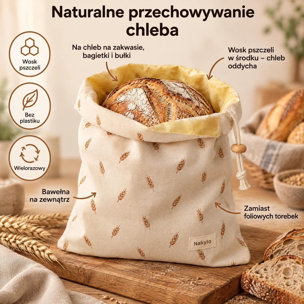 Worek na chleb z woskiem pszczelim Nakylo: bawełna na zewnątrz, wosk pszczeli w środku