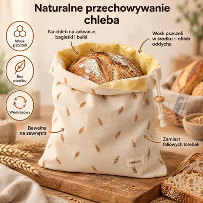 Worek na chleb z woskiem pszczelim Nakylo: bawełna na zewnątrz, wosk pszczeli w środku
