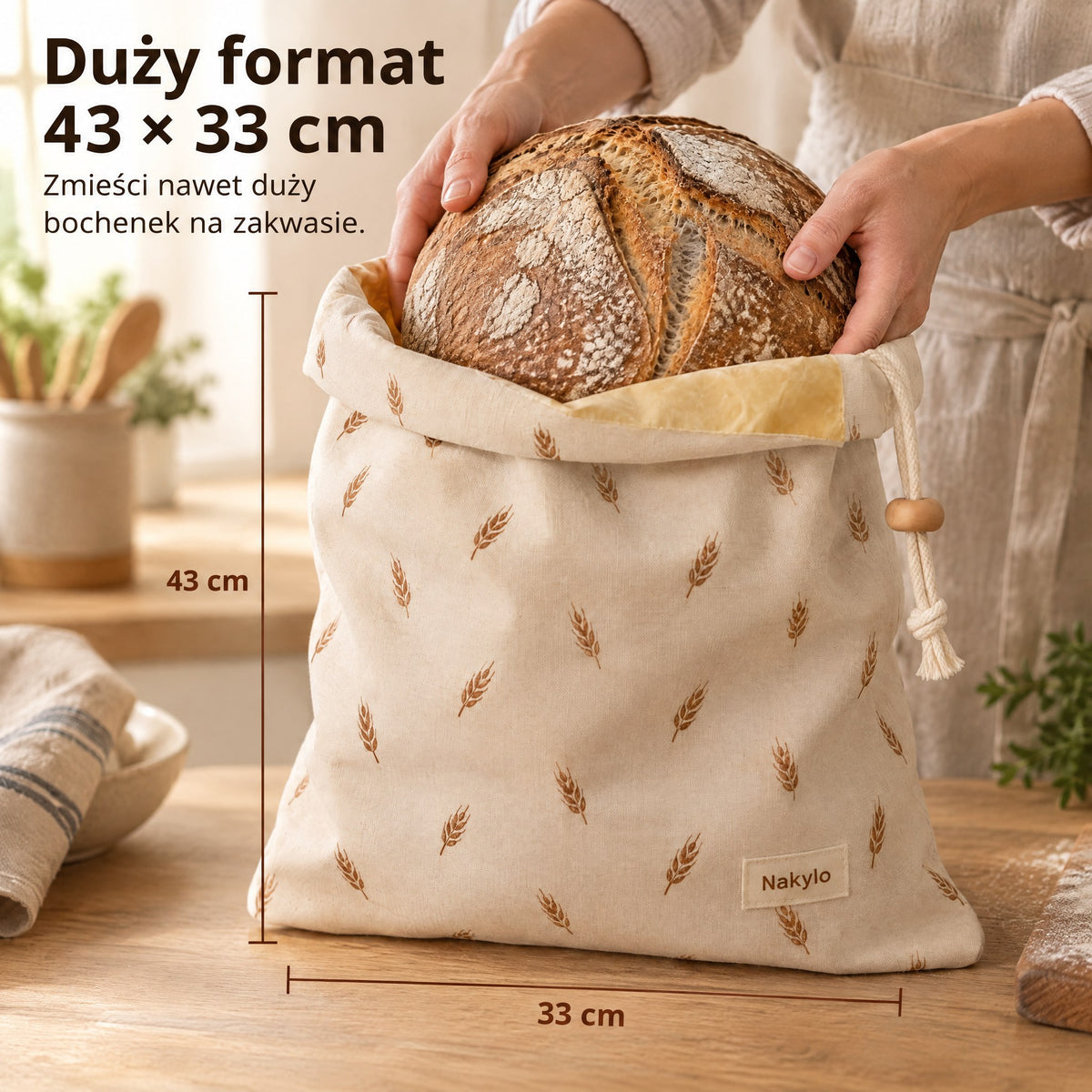 Duży worek na chleb 43 × 33 cm z bochenkiem na zakwasie
