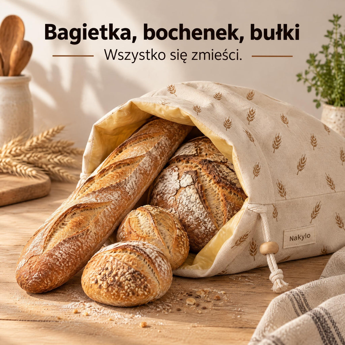 Bagietka, bochenek i bułki w worku na chleb